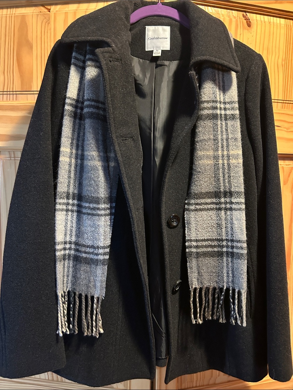 croft & barrow Black Pea Coat with Gray Plaid Scarf size M